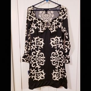 L - black tan/beige fleur long sleeve sheath dress